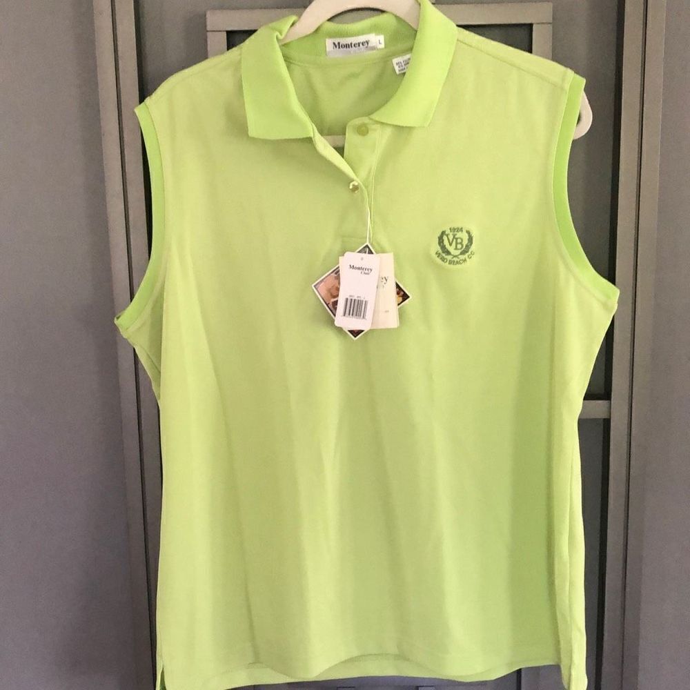 NWT Monterey Club Lime green sleeveless, golf shirt with Vero Beach co embroider